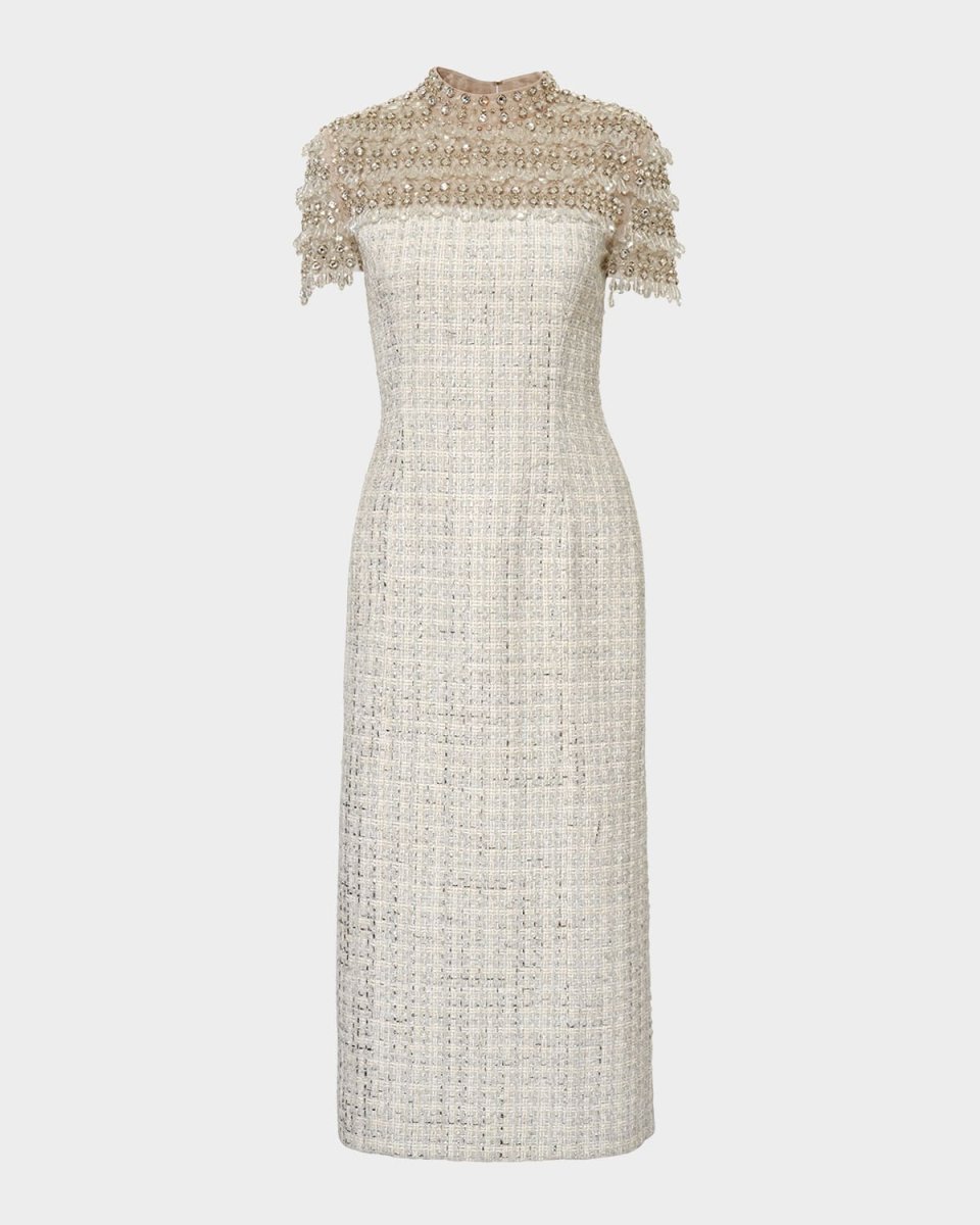 Embellished Tweed Mock-Neck Pencil Dress